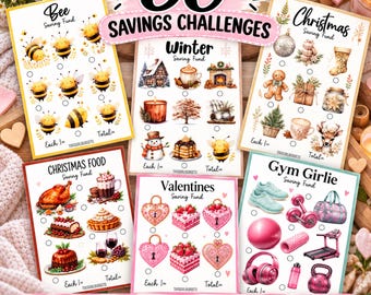 60 Savings Challenges Bundle, A6 Cash Stuffing Trackers, No Currency Printable Budget Binder Inserts, Instant Download