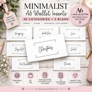 May include: A set of white A6 wallet inserts with black text labels including Emergency, Week One, Loan, Days Out, Christmas, School, Car Insurance, and Dinner. The inserts feature a simple rectangular border design and are presented as printable PDF files for A4 and US Letter paper sizes.