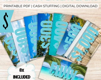 May include: A collection of A6 cash placeholders with tropical beach scenes. The placeholders display amounts from $50 to $1,000, with the text "Fully Funded" on one. The words "A6 Cash Placeholders" and "8x Included" are also visible.