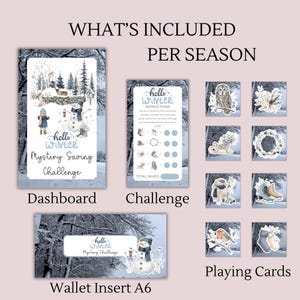 Op de afbeelding: Een Hello Winter Mystery Saving Challenge set met een dashboard, instructiekaart, portemonnee-inzet en acht speelkaarten. De items bevatten illustraties van sneeuwpoppen, wintervogels, schaatsen en besneeuwde boslandschappen.