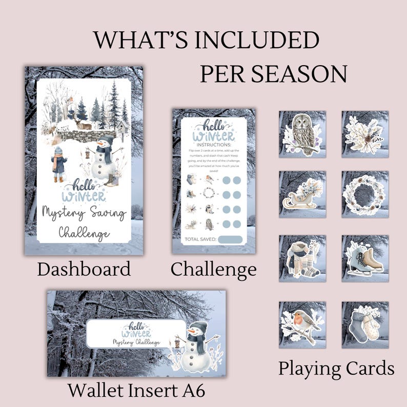 Op de afbeelding: Een Hello Winter Mystery Saving Challenge set met een dashboard, instructiekaart, portemonnee-inzet en acht speelkaarten. De items bevatten illustraties van sneeuwpoppen, wintervogels, schaatsen en besneeuwde boslandschappen.