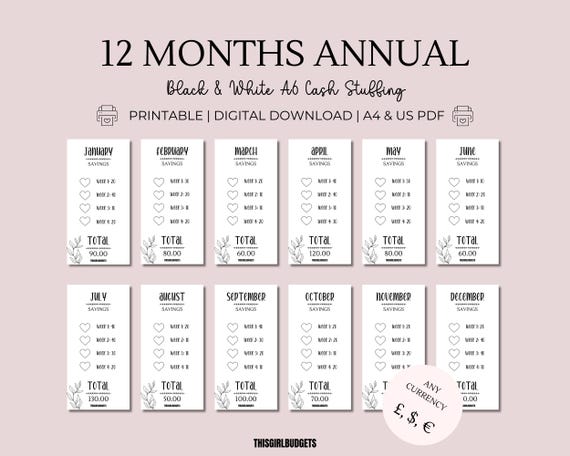 Annual 12 Months Savings Challenge Printable Cash Stuffing | A6 Money Tracker | UK, Euro, Dollar | Monthly Budgeting | Digital Download PDF