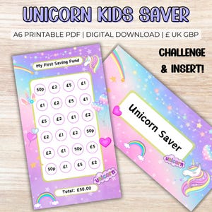 Kinder Einhorn Spar-Challenge - A6 PDF zum Ausdrucken, Budget-Tracker, Geld-Challenge-Bundle, Geldbörsen-Einlagen, Kassenbeleg, tägliches Taschengeld