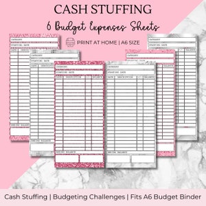 May include: Six printable budget expense sheets with a pink glitter background. The sheets are designed for cash stuffing and have sections for category, starting date, date, description, +/- and balance. The sheets are labelled "Print at Home | A6 Size".