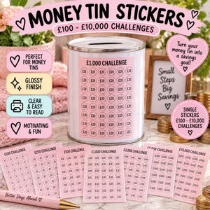 May include: A white metal money tin with a slot on top, featuring a pink sticker labeled £1,000 CHALLENGE with rows of £20 circles. Below are several pink challenge stickers ranging from £100 to £10,000, alongside a pen and stacks of gold coins.