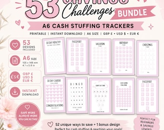 53 Savings Challenges Bundle, A6 Cash Stuffing Trackers, Printable Budget Binder Inserts, GBP USD EUR
