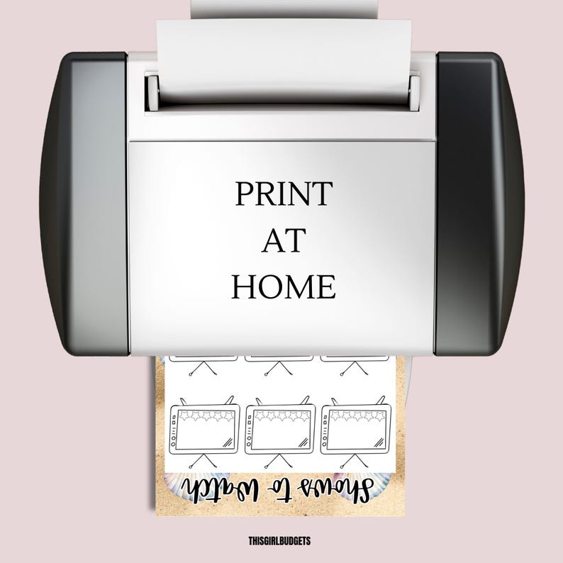 May include: Printable sheet with the text "Shows to Watch" and six outlines of vintage televisions. The text "Print at Home" is visible on a printer above the sheet.