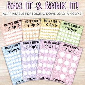 Bag It & Bank It! Challenges - A6 UK PDF zum Ausdrucken, Cash Stopfen, Tracker mit wenig Geld, Geldbudget-Spiele, Budget Binder Bundle