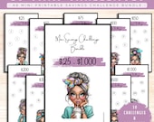 Mini Savings Challenge Bundle – Save 25–1000 Dollars Printable Cash Stuffing Challenges, A6 Budget Binder Insert, Whimsical Coffee Girl