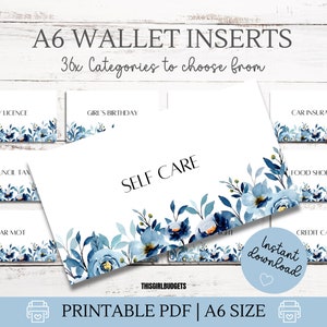 Inserciones de billetera A6 Budget Binder - 36x etiquetas de bolsa con cremallera DIGITAL para presupuesto/relleno de efectivo - Diseños de estampado floral azul + 3x espacios en blanco
