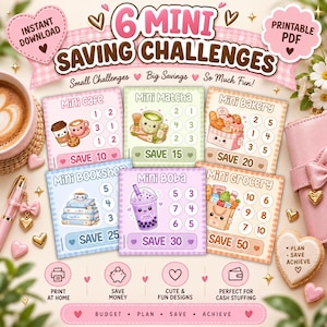 Può includere: Un set di sei carte stampabili per mini sfide di risparmio con illustrazioni pastello di caffè, matcha, panetteria, libreria, boba e generi alimentari. Ogni carta include cerchi numerati per tracciare gli obiettivi di risparmio Save 10 a 50.