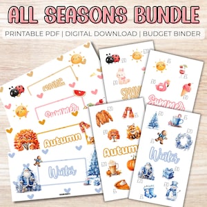 May include: A collection of printable PDF budget binder pages with seasonal themes. The pages are labeled with the words "Spring", "Summer", "Autumn", and "Winter", and feature watercolor illustrations of related items like a sun, ladybug, and snowman.