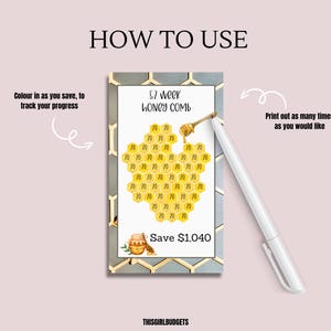 May include: A printable 52-week honey comb savings tracker. The honeycomb is yellow and gold with the number 70 in each cell. The text "Save $1,040" is below the honeycomb. The text "52 week Honey Comb" is above the honeycomb.