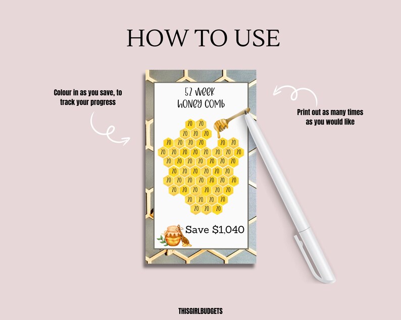 May include: A printable 52-week honey comb savings tracker. The honeycomb is yellow and gold with the number 70 in each cell. The text "Save $1,040" is below the honeycomb. The text "52 week Honey Comb" is above the honeycomb.