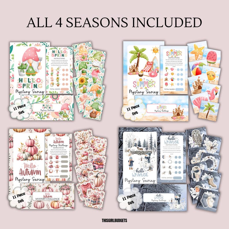 Op de afbeelding: Een verzameling van vier seizoensgebonden mystery spaaruitdaging-sets, elk aangeduid als een 11-delige set. De thema's omvatten lente met kabouters, zomer met strandiconen, herfst met pompoenen en winter met besneeuwde landschappen en bosdieren.