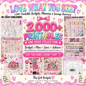 Puede incluir: Una colecci&oacute;n digital de m&aacute;s de 2,000 planificadores de presupuesto y recursos de ahorro imprimibles. El gr&aacute;fico presenta texto rosa e iridiscente, incluyendo 'LOVE WHAT YOU SEE?', '2,000+ PRINTABLES' y 'Budget Plan Save Achieve'.