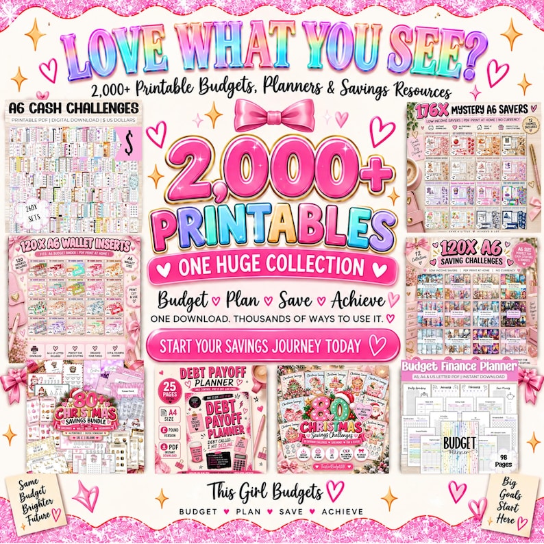 Puede incluir: Una colecci&oacute;n digital de m&aacute;s de 2,000 planificadores de presupuesto y recursos de ahorro imprimibles. El gr&aacute;fico presenta texto rosa e iridiscente, incluyendo 'LOVE WHAT YOU SEE?', '2,000+ PRINTABLES' y 'Budget Plan Save Achieve'.