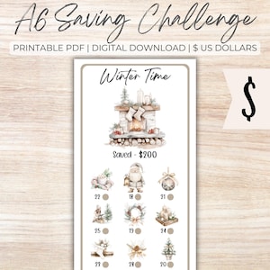 May include: A6 Saving Challenge printable PDF with a winter theme. The design features a fireplace, Santa Claus, and other holiday elements. The text "Winter Time" is displayed above the illustration. The savings goal is $200.