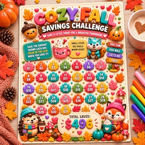 Puede incluir: Un tablero rectangular de desafío de ahorro titulado COZY FALL SAVINGS CHALLENGE con texto colorido, una ardilla, un erizo y un zorro. Incluye 31 iconos de hojas numeradas con cantidades de $1 a $31 y una caja de total ahorrado de $496.