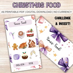 Könnte beinhalten: Ein druckbares PDF mit dem Text "CHRISTMAS FOOD" und "Xmas Food". Das Design umfasst Illustrationen von Weihnachtslebensmitteln wie Lebkuchenmännchen, Kuchen und gebratener Truthahn. Der Text "CHALLENGE & INSERT!" ist ebenfalls vorhanden.
