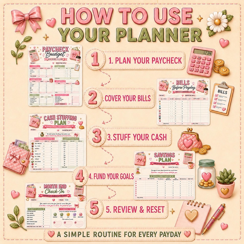 May include: An instructional infographic titled HOW TO USE YOUR PLANNER with five steps: 1. PLAN YOUR PAYCHECK, 2. COVER YOUR BILLS, 3. STUFF YOUR CASH, 4. FUND YOUR GOALS, 5. REVIEW & RESET. It features pink budget forms, a calculator, and icons.