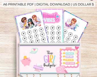 Paquete de reto de ahorro con dinero de bolsillo de sirena / Imprimible A6 para guardar dinero / Rastreador de ahorros para niños en PDF / Inserto para carpeta de dólares estadounidenses