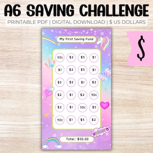 Uitdaging opslaan: A6 (US) pdf | Unicorn Kids Budgeting Tracker, dollarbesparing, budget per salaris, thuis afdrukken, insteekmapjes budget