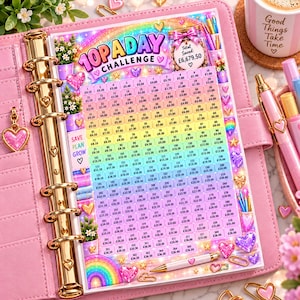 May include: A pink binder with gold rings containing a 10p a day challenge savings tracker sheet. The colourful, rainbow-themed page features a grid of numbered boxes with monetary values, a jar graphic labelled Total Saved £6,679.50, and heart icons.