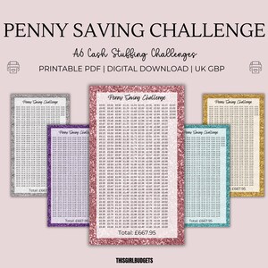 May include: A set of five rectangular A6 Penny Saving Challenge trackers with glitter-effect borders in silver, purple, pink, teal, and gold. Each card features a list of monetary values in GBP and a total of &pound;667.95. Text includes Penny Saving Challenge.