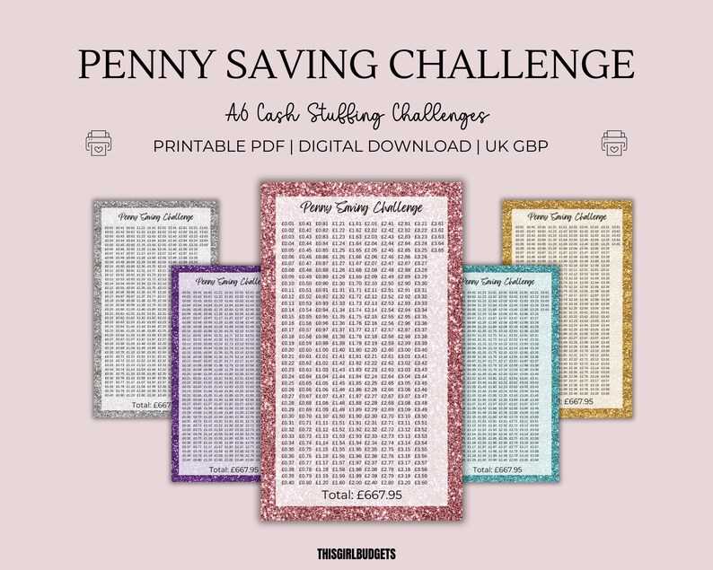 May include: A set of five rectangular A6 Penny Saving Challenge trackers with glitter-effect borders in silver, purple, pink, teal, and gold. Each card features a list of monetary values in GBP and a total of &pound;667.95. Text includes Penny Saving Challenge.