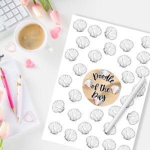 May include: A printable sheet with a pattern of seashells and the text "Doodle of the Day" in a circle with a beach background.