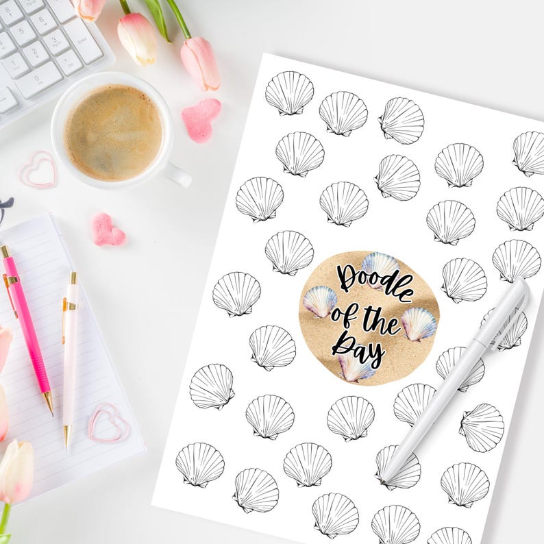 May include: A printable sheet with a pattern of seashells and the text "Doodle of the Day" in a circle with a beach background.