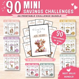 May include: A collection of 90 mini savings challenges in an A6 printable bundle. The cards feature various illustrations including a cow, bee, and gnome, with text stating 90 Mini Savings Challenges, $25 - $1,000, and 90 Challenges In Total.