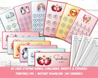 May include: Printable cash stuffing bundle with various challenges, inserts, and expense trackers. The bundle includes images of strawberries, penguins, rainbows, and a sun. The text "Strawberries Save $100" is on one of the sheets. The text "A6 CASH STUFFING BUNDLE, CHALLENGES, INSERTS & EXPENSES PRINTABLE PDF | INSTANT DOWNLOAD | NO CURRENCY" is at the bottom of the image.