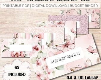 Puede incluir: Un conjunto de seis insertos para billetera A6 con diseños de flores y mariposas rosas. La descarga digital PDF imprimible incluye hojas para carpetas de presupuesto con etiquetas rectangulares blancas. Texto: A6 Wallet Inserts, 6x Included, A4 & US Letter Included.