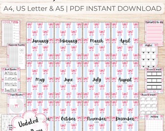2025 Bullet Journal Bundle - PRINTABLE Pages A4, US & A5, Coloured Premade Bujo Year in Pixels, Habit Trackers, Planners, Mood and Self-Care
