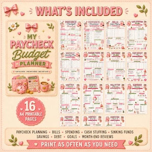 May include: A digital budget planner set featuring 16 A4 printable pages with a pink and cream color scheme. The cover displays the text My Paycheck Budget Planner, a pink wallet, a calculator, and a piggy bank. Includes various financial tracking sheets.