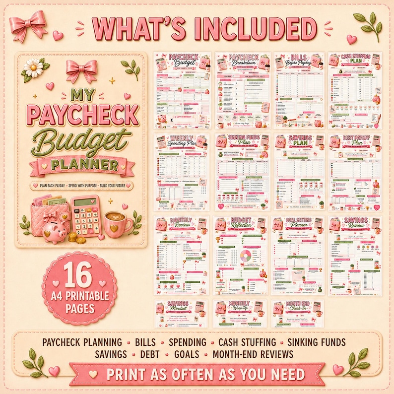 May include: A digital budget planner set featuring 16 A4 printable pages with a pink and cream color scheme. The cover displays the text My Paycheck Budget Planner, a pink wallet, a calculator, and a piggy bank. Includes various financial tracking sheets.