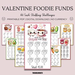 May include: Printable Valentine's Day cash stuffing challenge cards with cute food illustrations. Each card has a different food theme, such as "You're the Avocado to My Toast" and "You're the Sugar to My Tea".