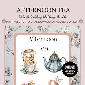 Desafío de ahorro para el té de la tarde: paquete imprimible en formato PDF A6 para descargar, GBP Reino Unido: presupuesto, relleno de efectivo, registro + inserción de billetera, hoja de efectivo