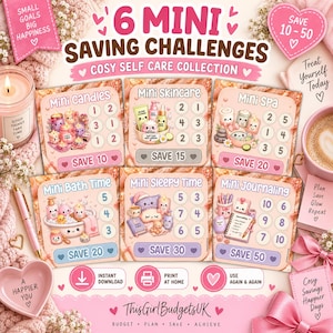 Może przedstawiać: Kolekcja sześciu kart z wyzwaniami oszczędnościowymi o tytułach Mini Candles, Mini Skincare, Mini Spa, Mini Bath Time, Mini Sleepy Time oraz Mini Journaling. Każda karta zawiera pastelowe ilustracje, ponumerowane kółka oraz określoną kwotę oszczędności.