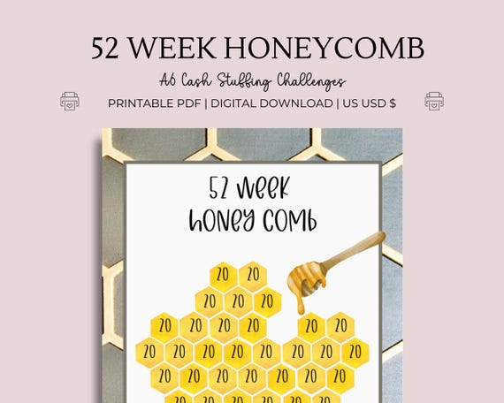52 Week Bee Saving Challenge - A6 Digital PDF US Dollar, Budget Tracker Printable, Cash Stuffing Savings, Weekly Annual Tracker