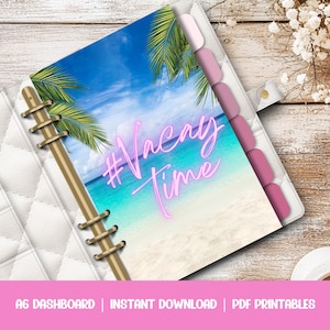 May include: A printable A6 dashboard planner with a tropical beach scene and the text "#VacayTime" in pink neon lettering. The planner has pink dividers and gold rings.