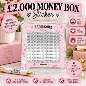 May include: A square clear acrylic money box featuring a pink sticker with a £2,000 Saving Challenge grid. The grid contains 100 squares, each marked with £20. The design includes pink stars and glitter accents, with the text ThisGirlBudgets at the bottom.