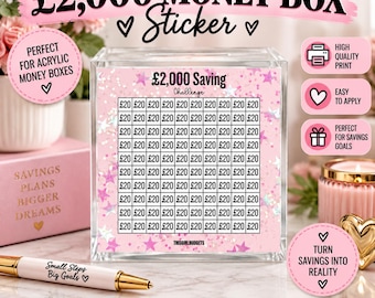 May include: A square clear acrylic money box featuring a pink sticker with a £2,000 Saving Challenge grid. The grid contains 100 individual squares, each marked with £20. The design includes pink stars and glitter accents on a light pink background.