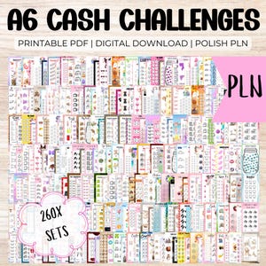 Pode incluir: Uma coleção de desafios de caixa A6, downloads digitais PDF imprimíveis. A imagem apresenta uma variedade de designs coloridos, incluindo desafios temáticos. O texto inclui "A6 CASH CHALLENGES", "PRINTABLE PDF | DIGITAL DOWNLOAD | POLISH PLN" e "260X SETS".