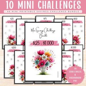 Puede incluir: Un paquete de 10 rastreadores de ahorro imprimibles en formato A6 con ilustraciones florales. Cada tarjeta muestra una cantidad específica de $25 a $1,000 con círculos para seguir el progreso. El texto incluye 10 MINI CHALLENGES y Mini Savings Challenge Bundle.