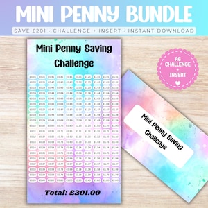 May include: A Mini Penny Saving Challenge tracker card with a pastel watercolour background, featuring a grid of currency values from £0.01 to £2.00, a total of £201.00, and a matching A6 insert card with the text Mini Penny Saving Challenge.