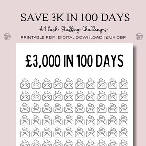 Puede incluir: Una hoja PDF imprimible con un diseño en blanco y negro para un desafío de llenado de efectivo. La hoja tiene el texto "Save 3K in 100 Days" y "£3,000 in 100 Days". La hoja está dividida en 100 cuadrados, cada uno con un pequeño icono de sobre y el texto "£30" en su interior.