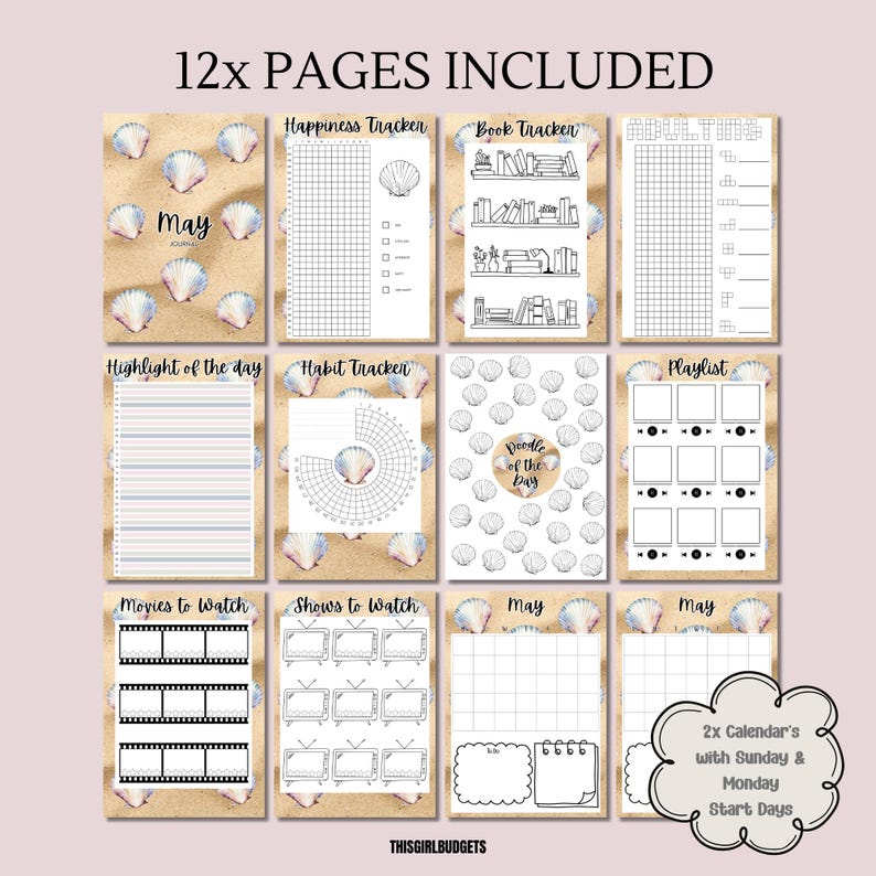 May include: A printable planner with 12 pages featuring a beach theme. The pages include a calendar, habit tracker, book tracker, playlist, movie and show trackers, and a doodle page. The pages are decorated with seashells and a sandy background.